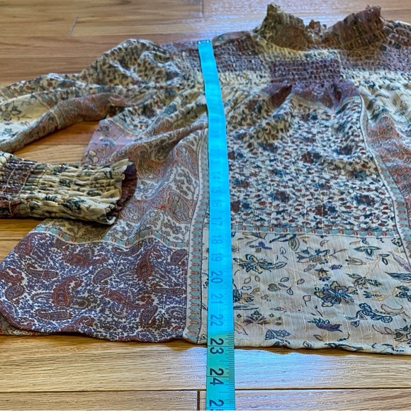 Sheer Smocked Patchwork Long Sleeve Mock Neck Blouse - Size M - Picture 8 of 10